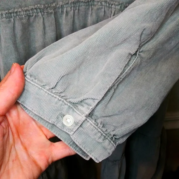 Sundance Dylan Boho Sage Green, Long Sleeved, Tiered Skirt Corduroy Mini Dress - Picture 6 of 14